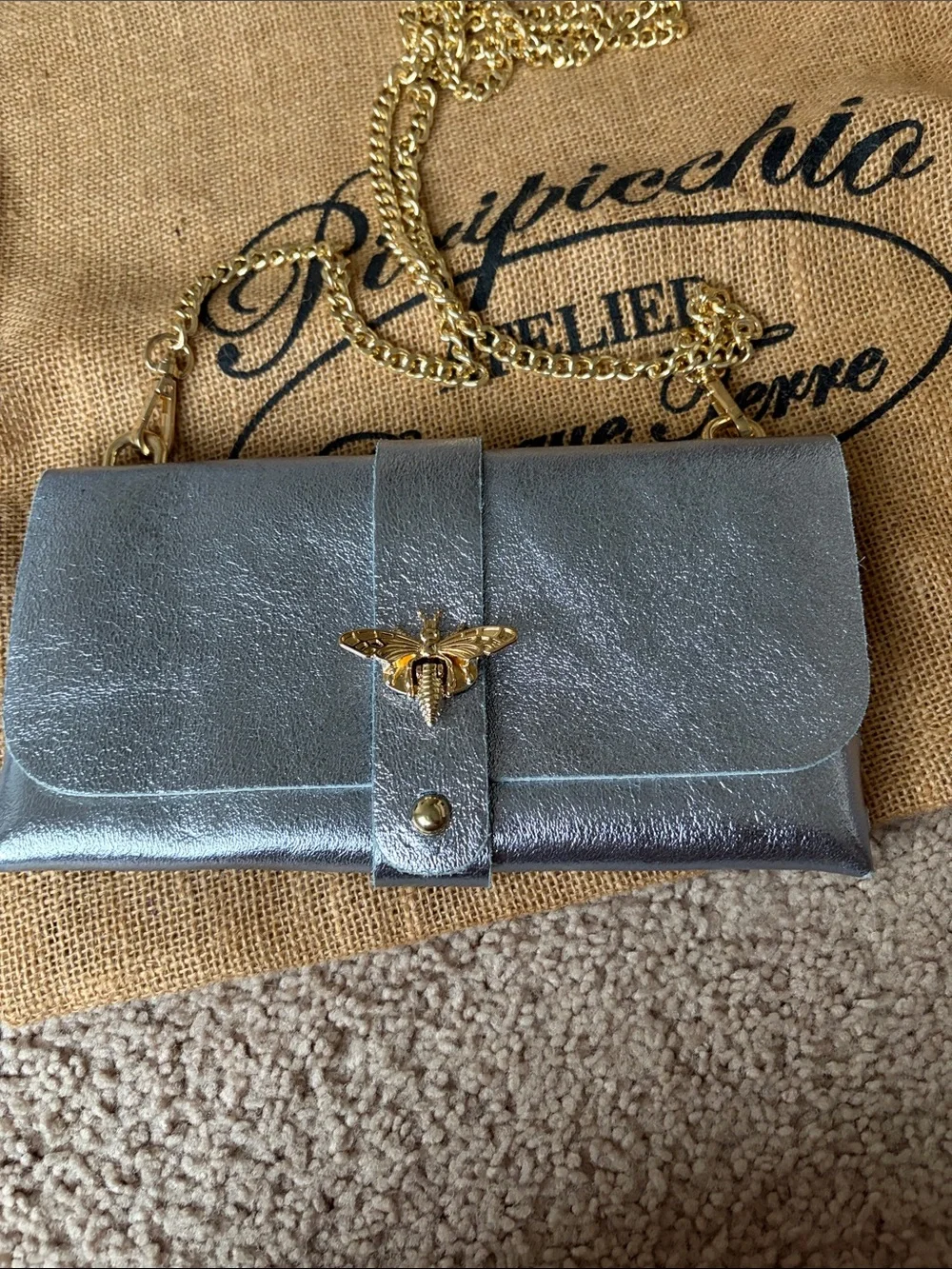 Metallic Silver Chain Crossbody Bag with Bee Accent